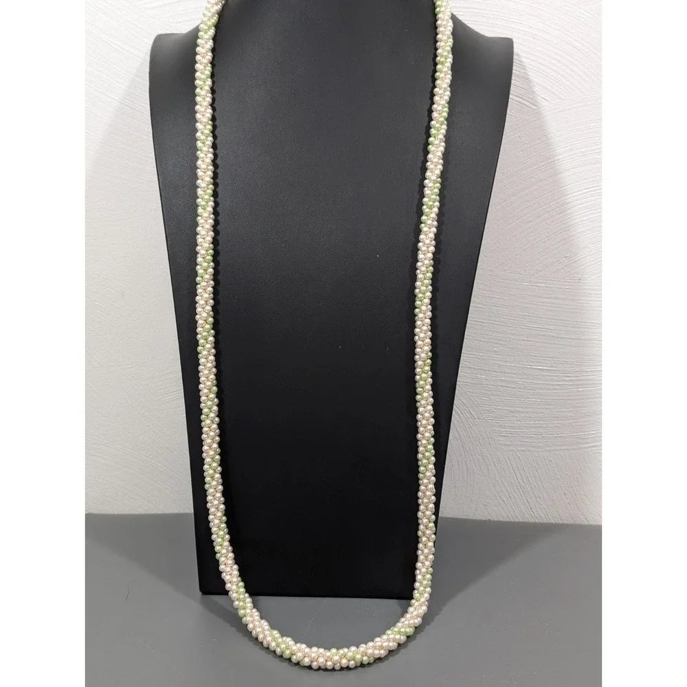 Vintage Green Cream Cluster Woven Faux Pearl Layering Long Necklace‎ 42 in
